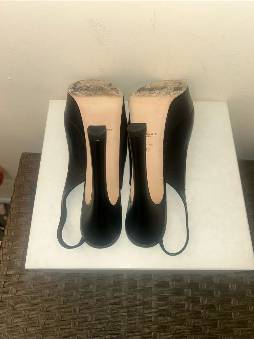 Saint Laurent Black Leather Peep-Toe Slingback Pumps with Gold YSL Logo - Picture 7 of 8